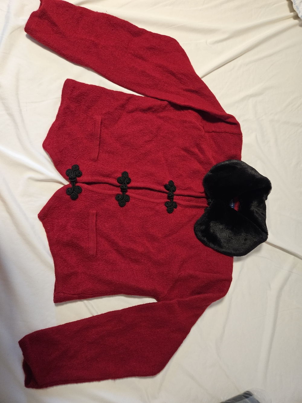 Vintage Karen Scott Wool Cardigan Red Button Decor, Faux Fur Collar